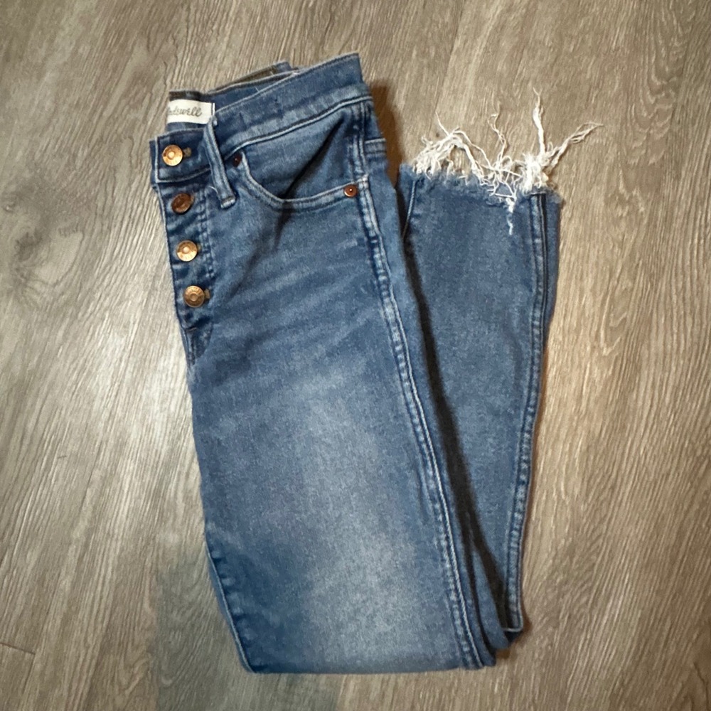 Madewell 10 High-Rise Skinny Jeans Blue Button Fly Raw Hem Womens Size 26P